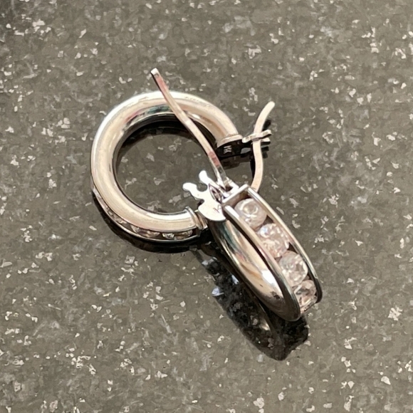 Solid 14KT White Gold & White Sapphire Hoop Earrings - Picture 12 of 14